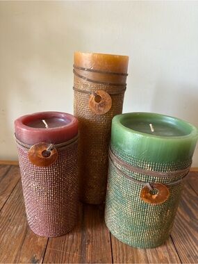 Rustic Textured Pillar Candle Trio - Red, Green, Amber